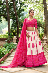 Pink & Green Tussar Lehenga Choli with Bandhej Print