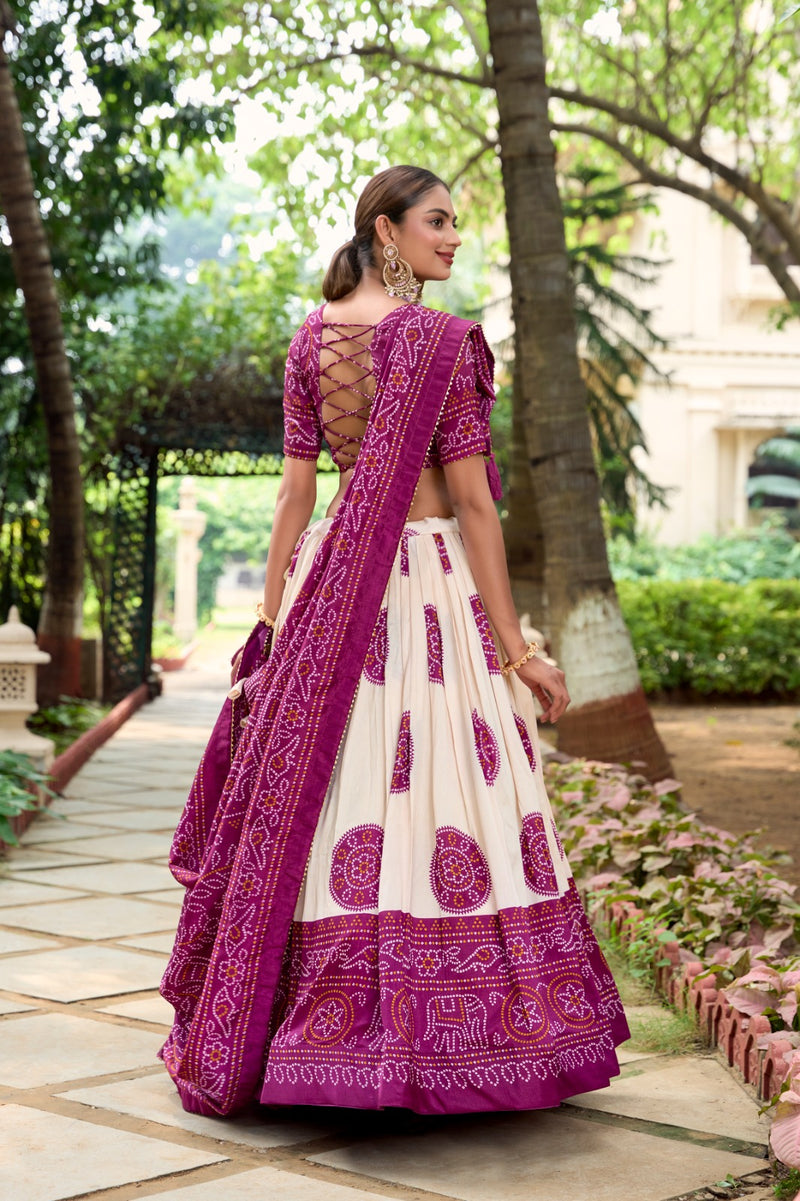 Purple & Red Tussar Lehenga Choli with Bandhej Print