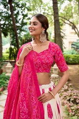 Pink & Green Tussar Lehenga Choli with Bandhej Print