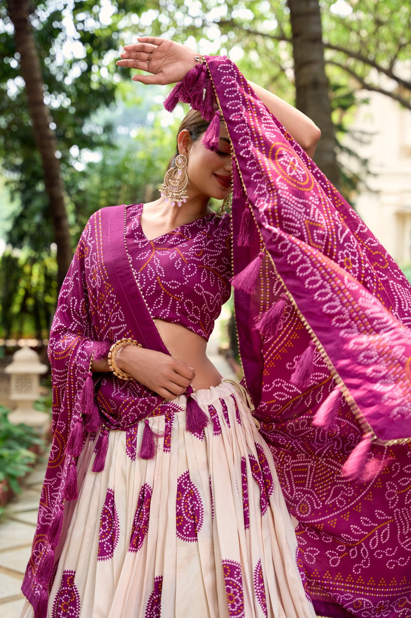 Purple & Red Tussar Lehenga Choli with Bandhej Print