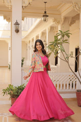 Wine, Blue & Pink Chinon Jacket Readymade Lehenga Choli