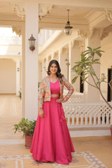 Wine, Blue & Pink Chinon Jacket Readymade Lehenga Choli