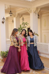 Wine, Blue & Pink Chinon Jacket Readymade Lehenga Choli