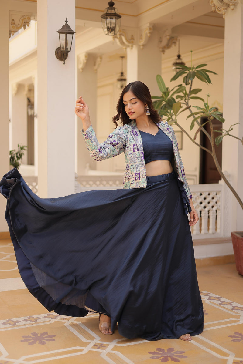 Wine, Blue & Pink Chinon Jacket Readymade Lehenga Choli