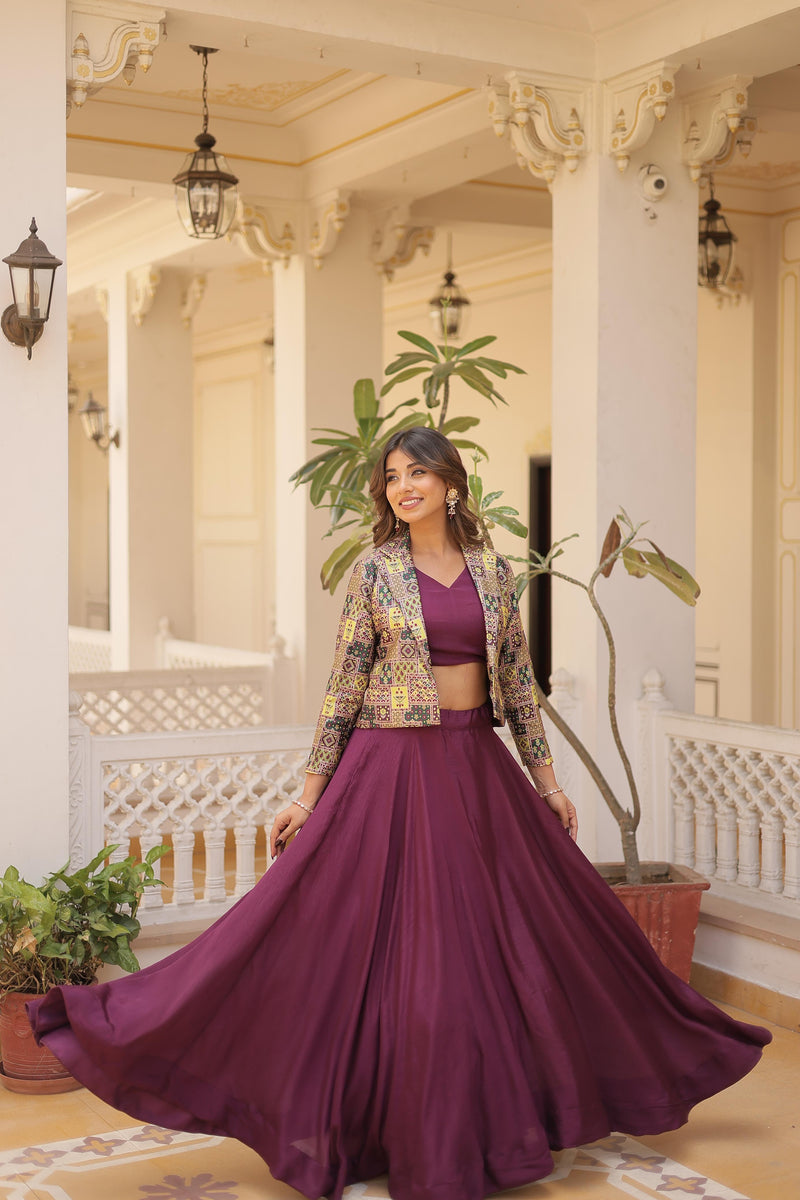 Wine, Blue & Pink Chinon Jacket Readymade Lehenga Choli