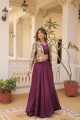 Wine, Blue & Pink Chinon Jacket Readymade Lehenga Choli