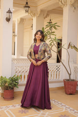 Wine, Blue & Pink Chinon Jacket Readymade Lehenga Choli