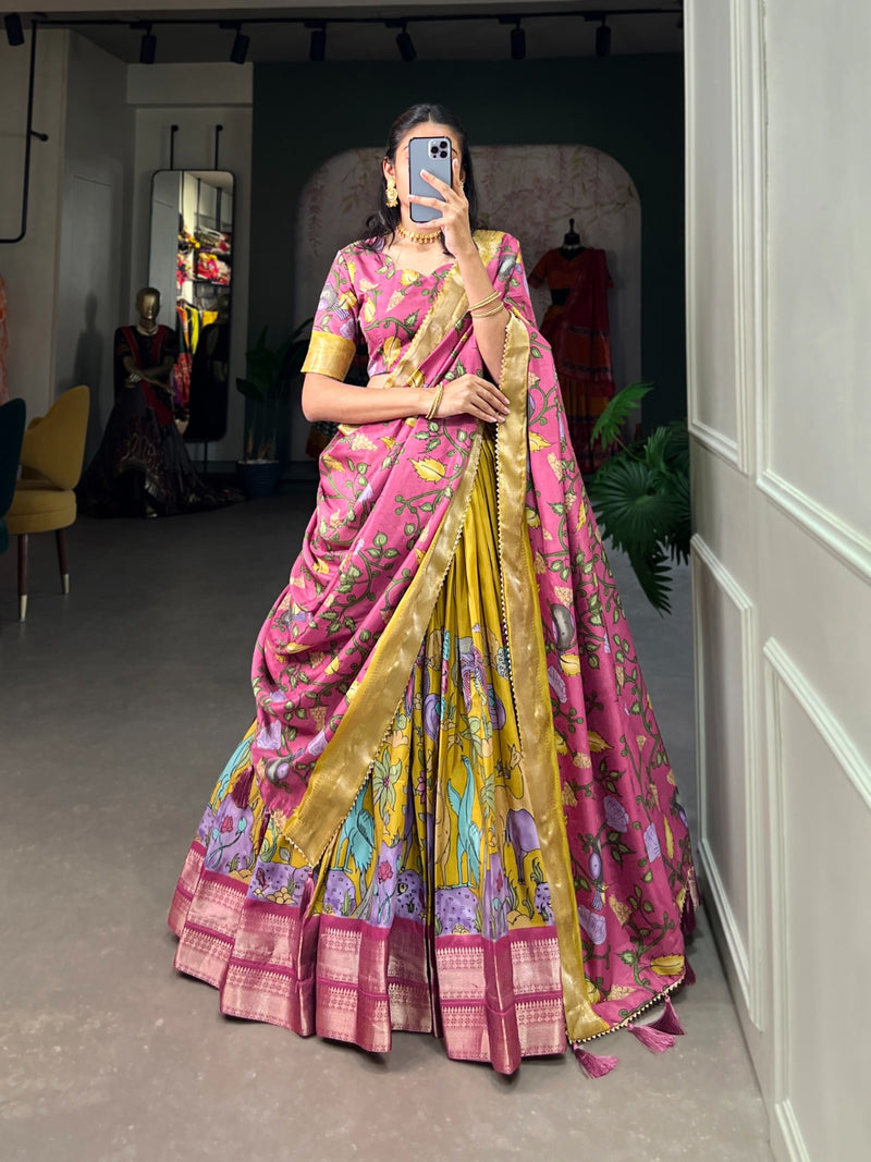 Yellow Kalamkari Elegance Dola Silk Lehenga Choli