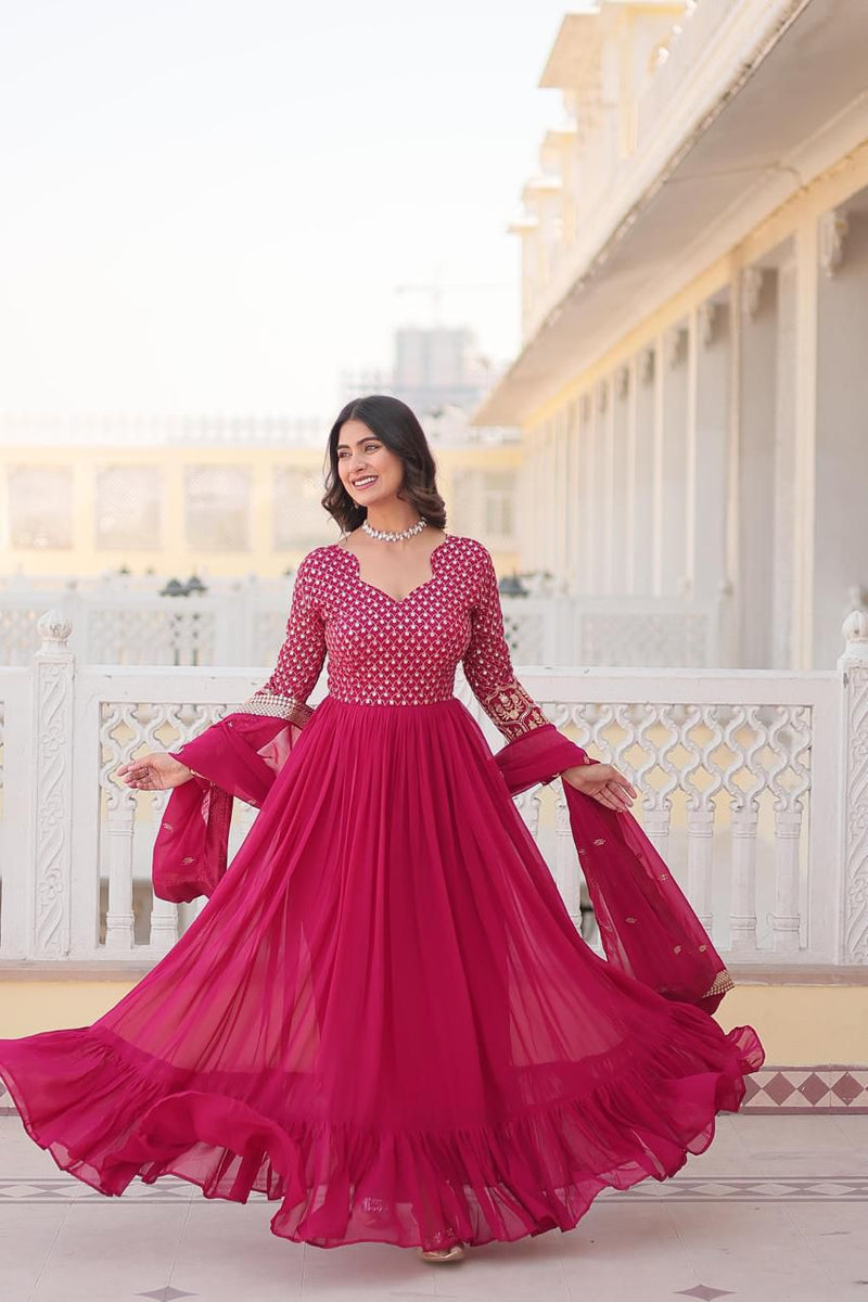 Pink & Wine Faux Blooming Gown with Sequins Zari Embroidery