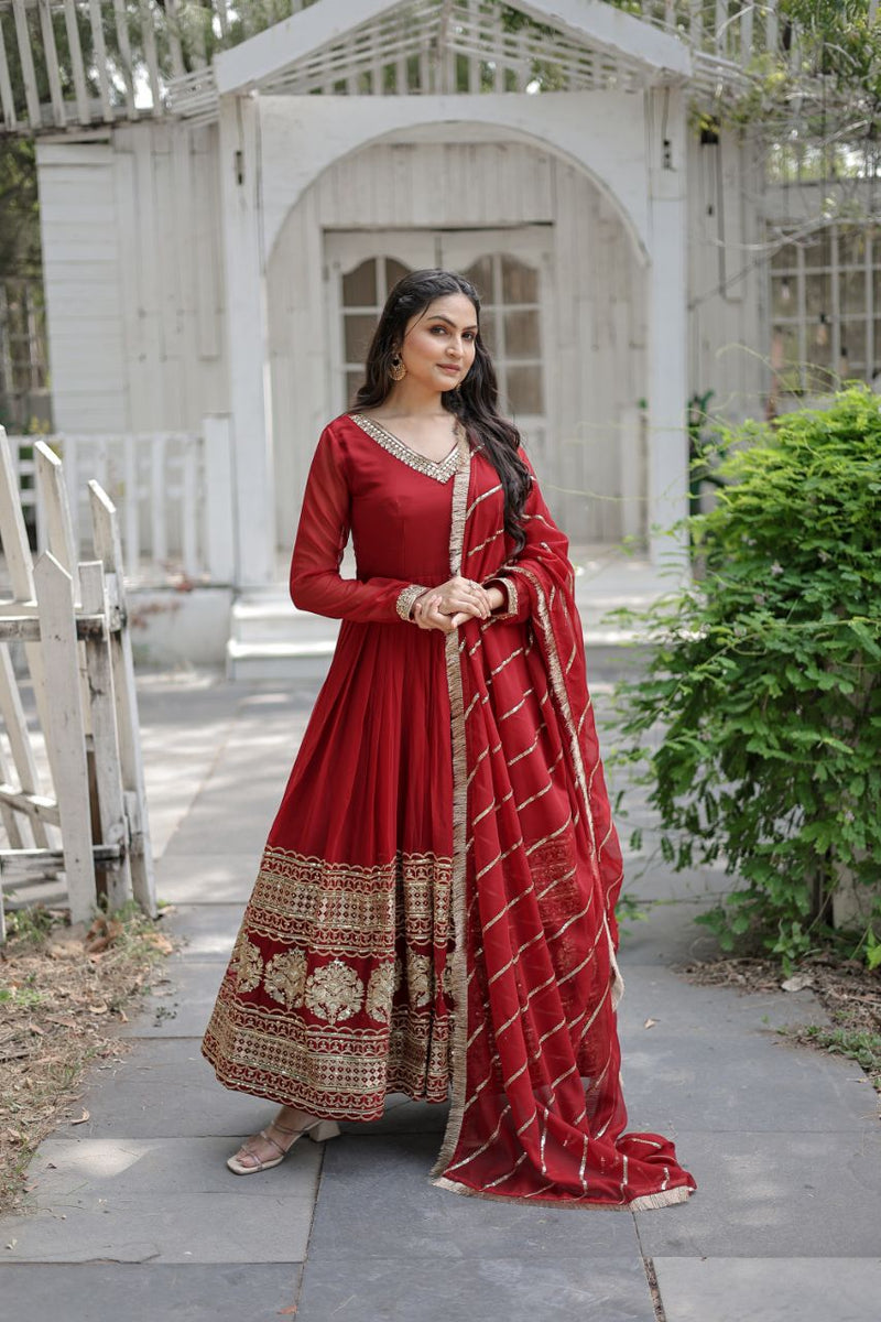 Black ,Maroon Faux Blooming Gown with Multi-Sequins Embroidery: Elegant, Stylish & Ready-to-Wear"