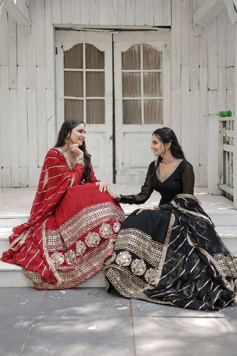 Black ,Maroon Faux Blooming Gown with Multi-Sequins Embroidery: Elegant, Stylish & Ready-to-Wear"