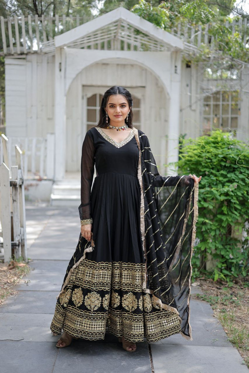 Black ,Maroon Faux Blooming Gown with Multi-Sequins Embroidery: Elegant, Stylish & Ready-to-Wear"