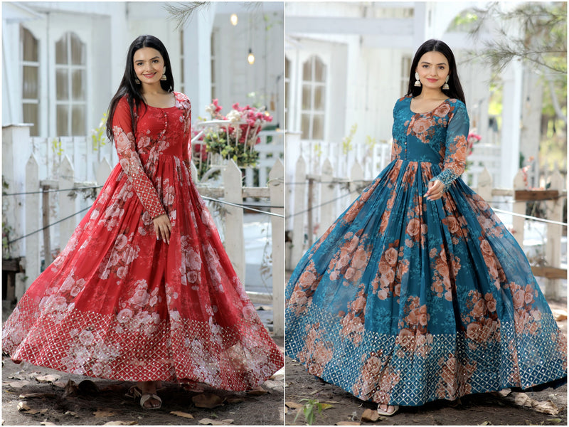 Red & Blue Gorgette Floral Gown with Zari