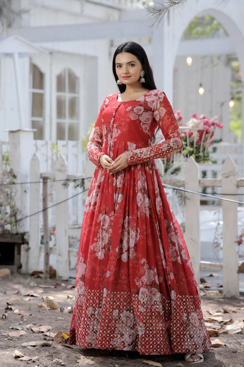 Red & Blue Gorgette Floral Gown with Zari