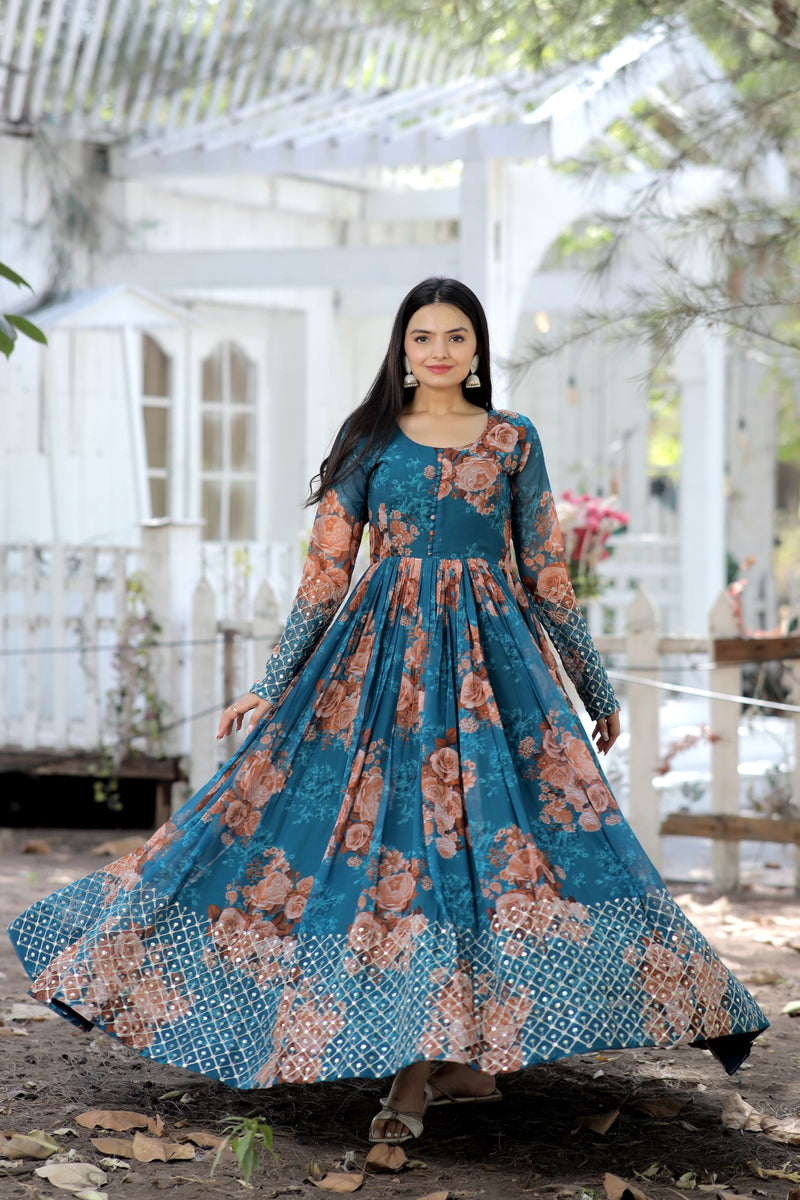 Red & Blue Gorgette Floral Gown with Zari