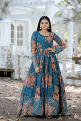 Red & Blue Gorgette Floral Gown with Zari