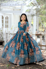 Red & Blue Gorgette Floral Gown with Zari