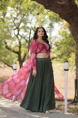 Beige, Green & White Georgette Lehenga with Shrug