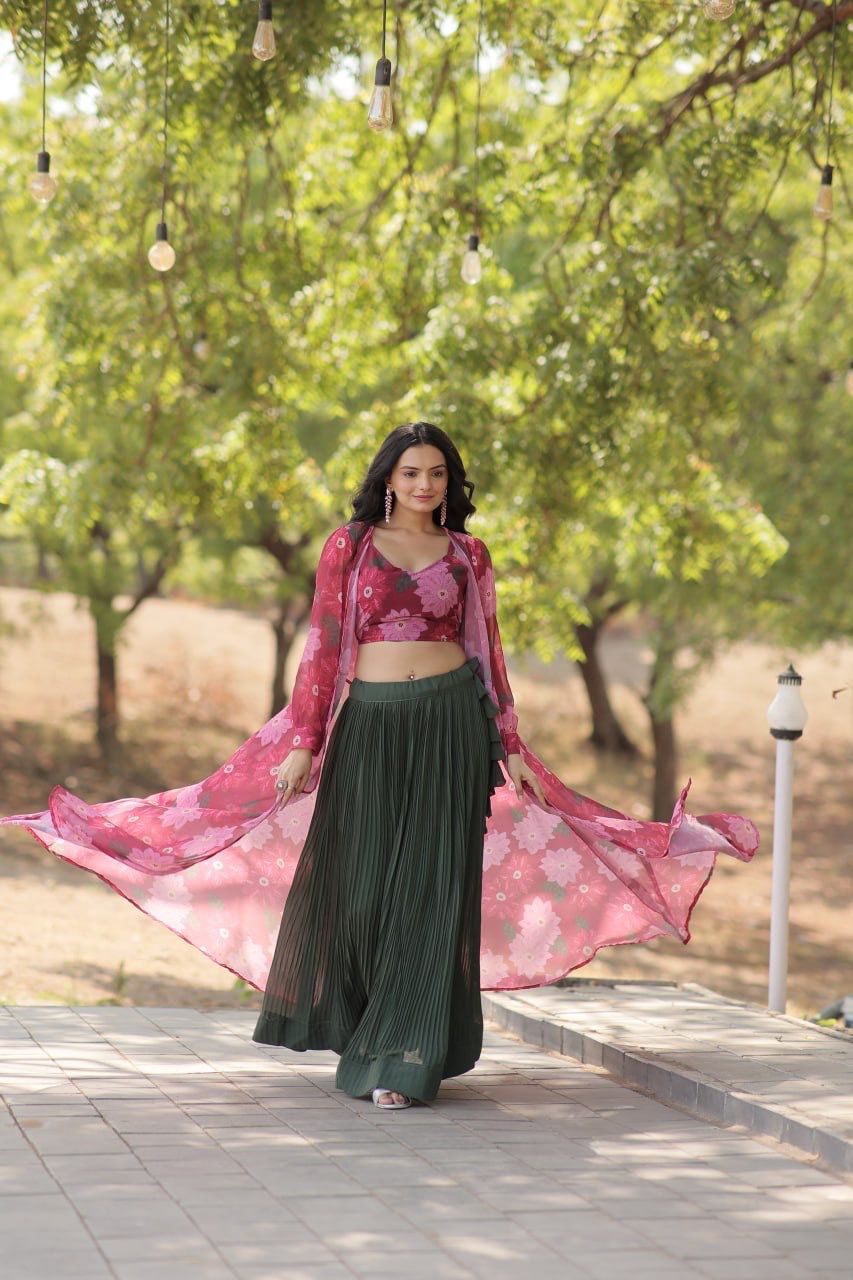 Beige, Green & White Georgette Lehenga with Shrug