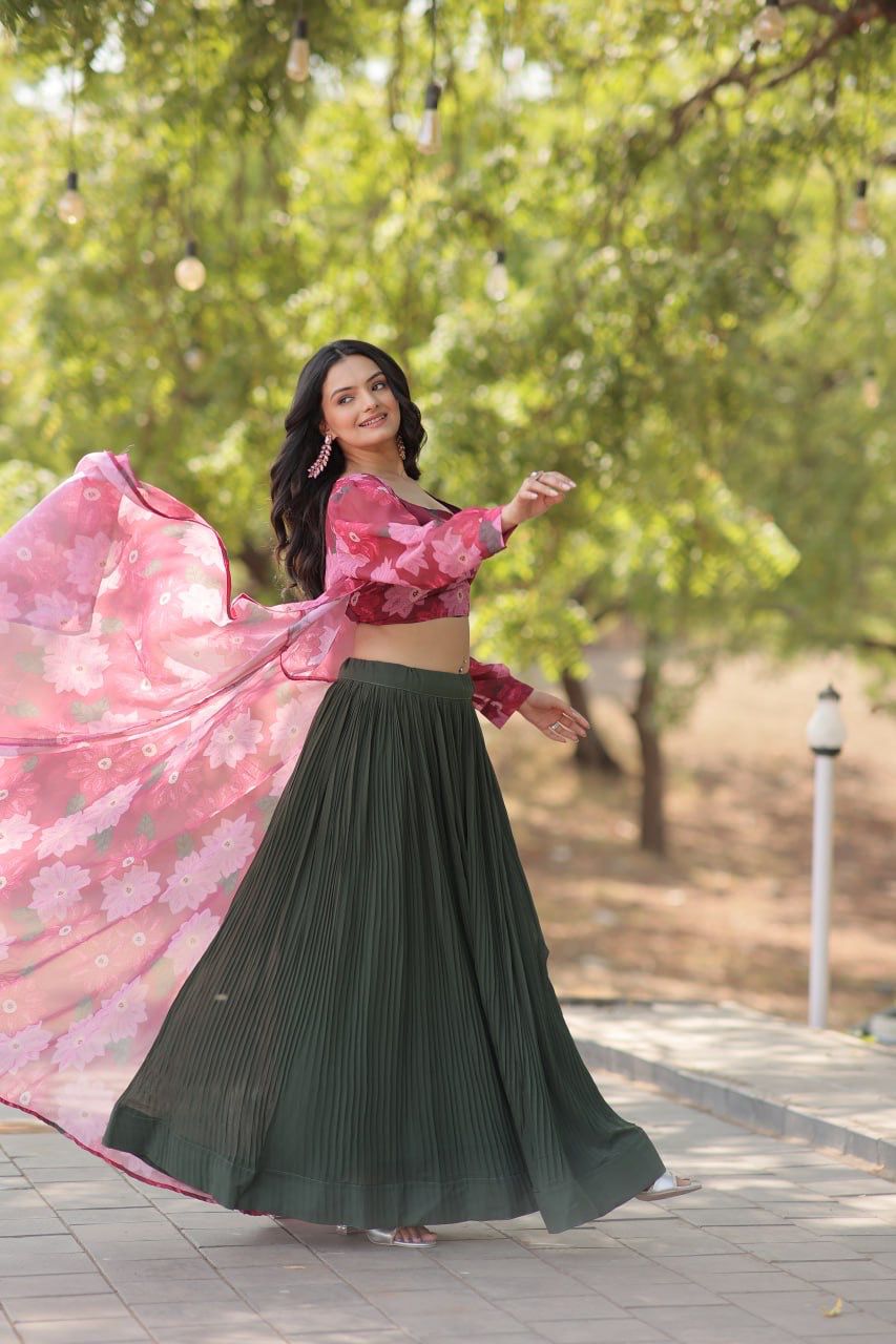 Beige, Green & White Georgette Lehenga with Shrug