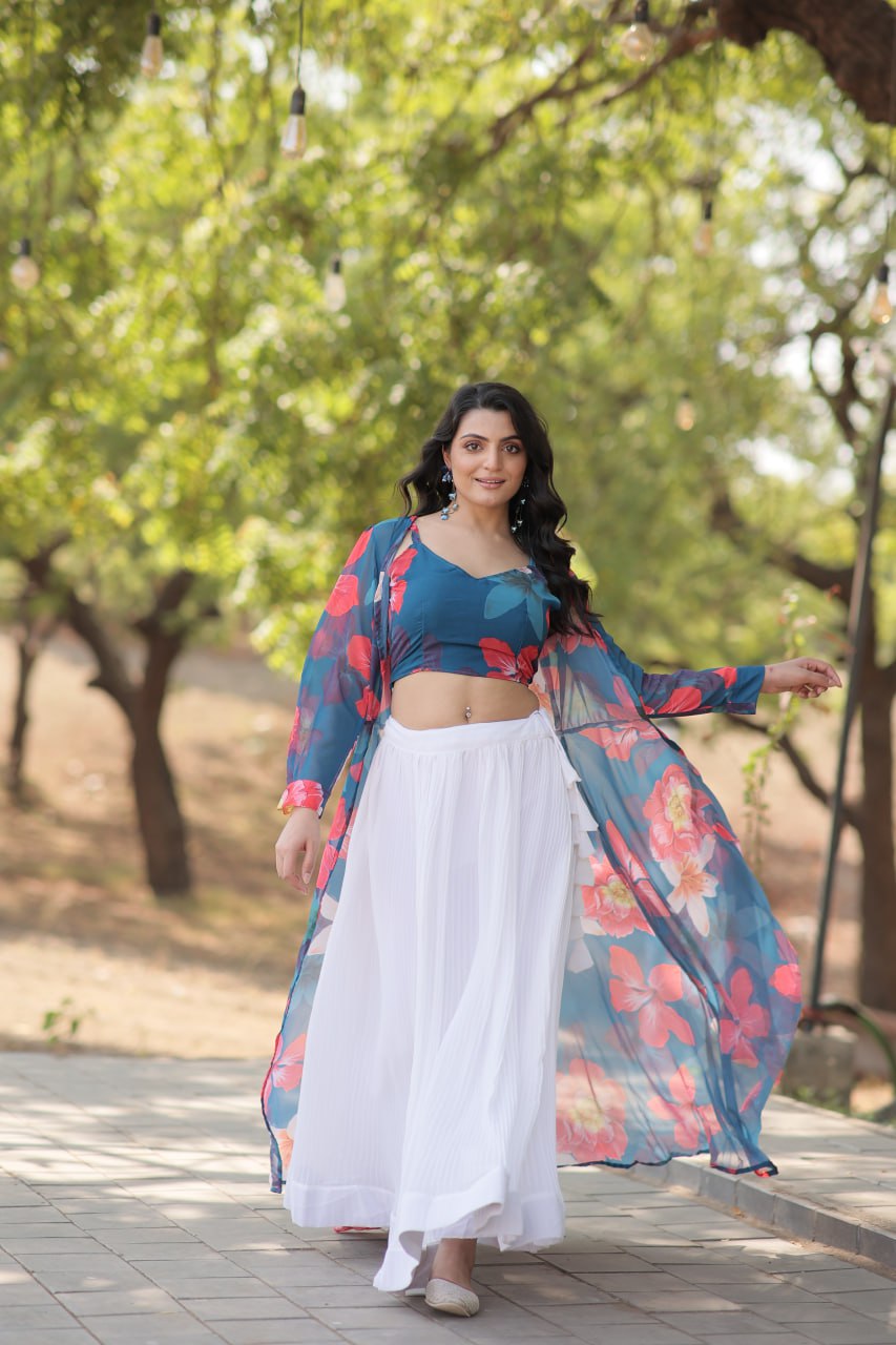 Beige, Green & White Georgette Lehenga with Shrug