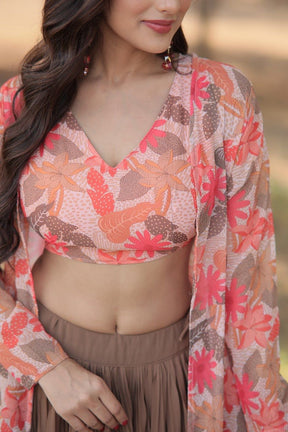 Beige, Green & White Georgette Lehenga with Shrug