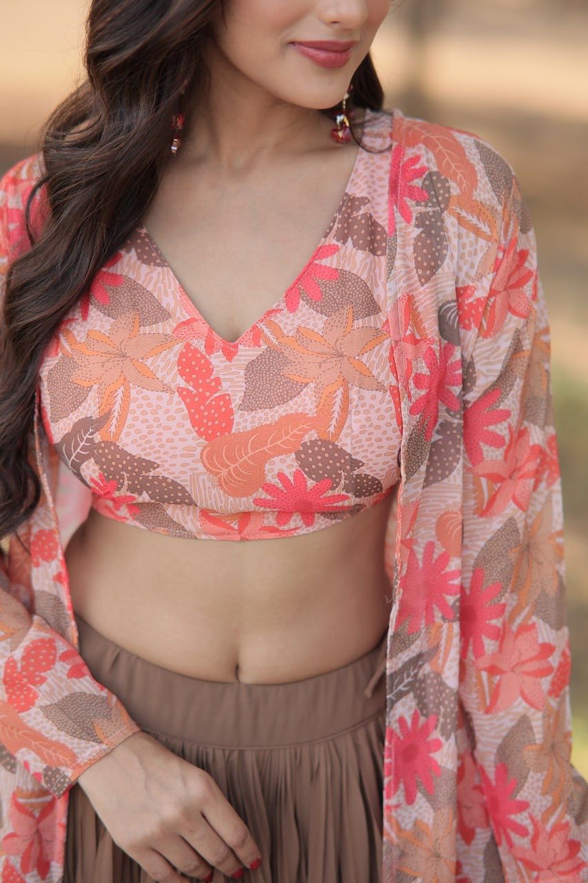 Beige, Green & White Georgette Lehenga with Shrug