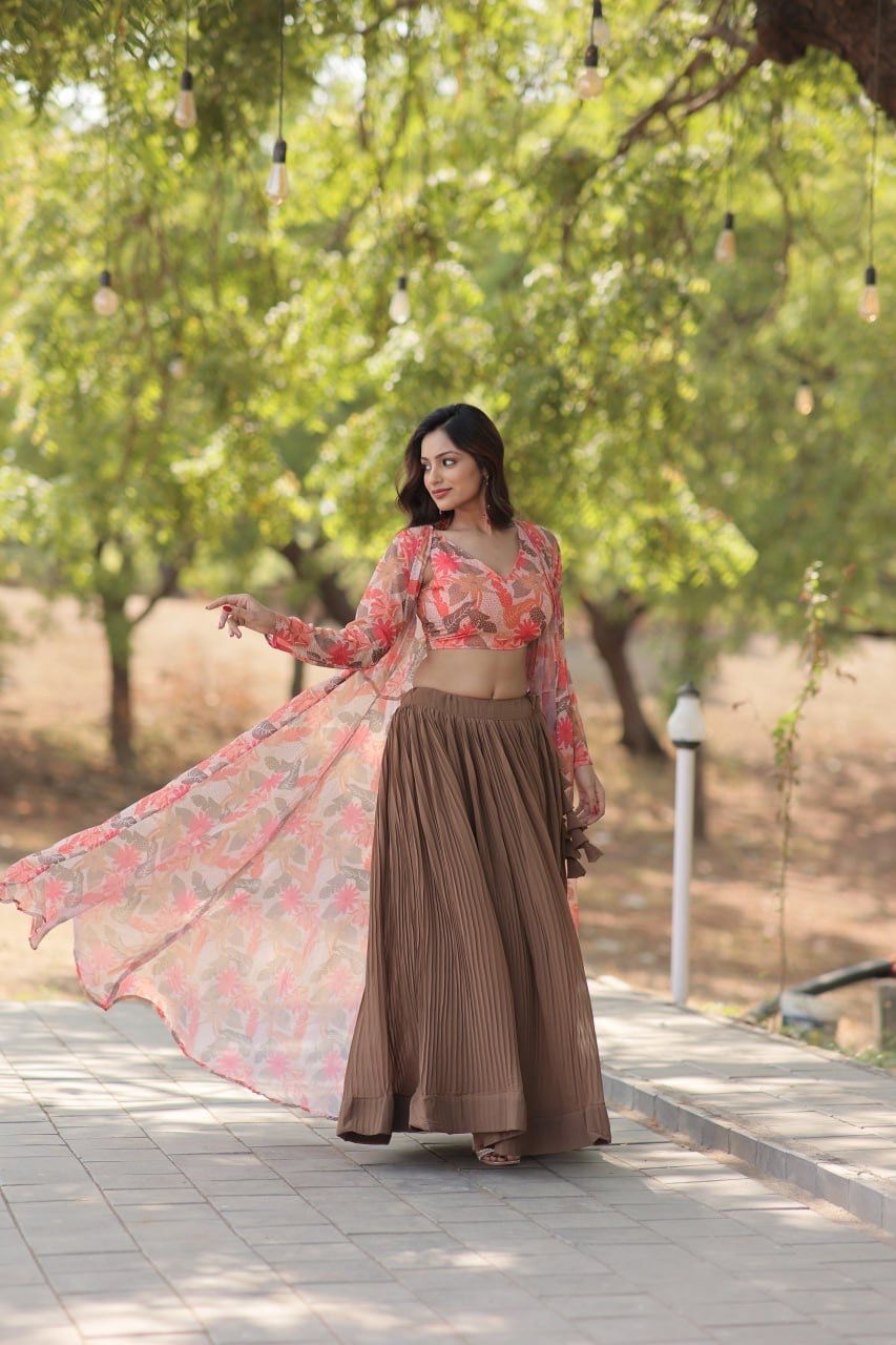 Beige, Green & White Georgette Lehenga with Shrug