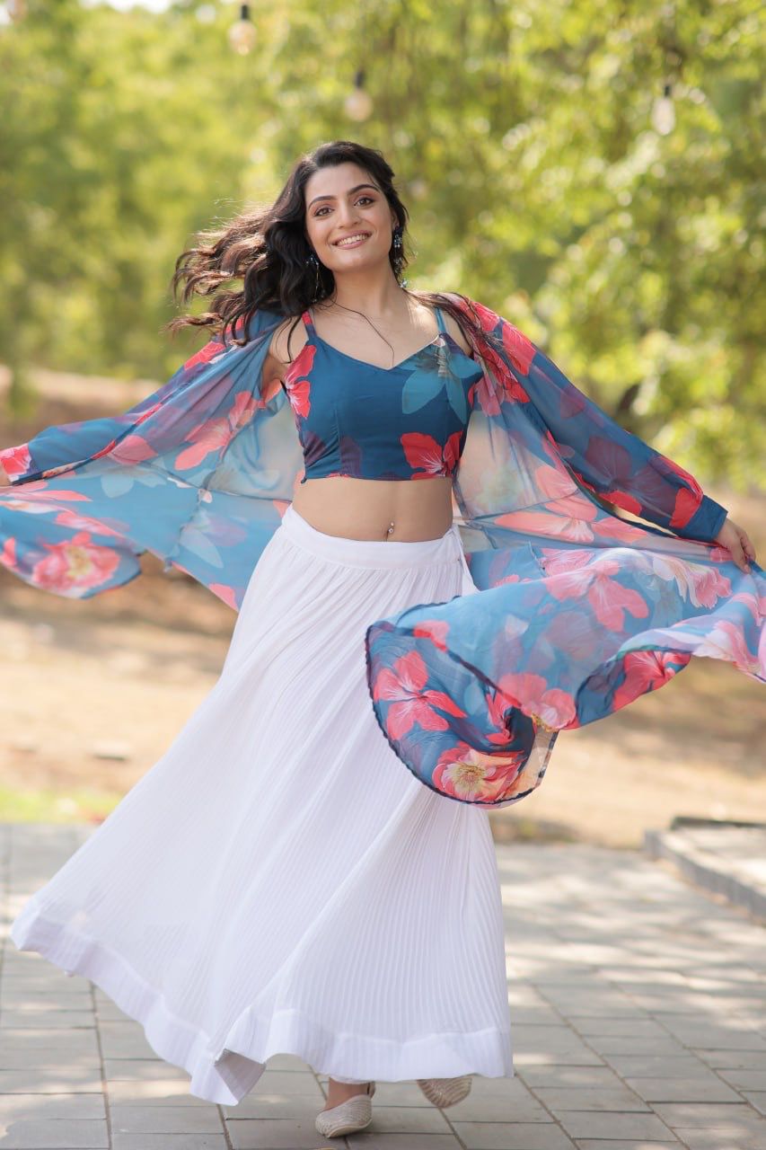 Beige, Green & White Georgette Lehenga with Shrug