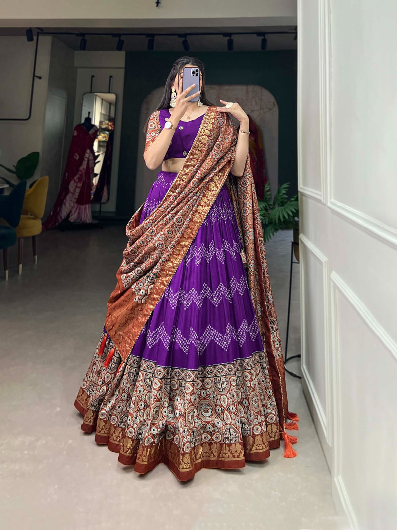 Purple Tussar Silk Ajarakh Lehenga Choli