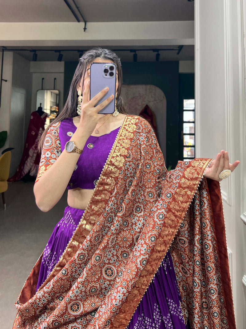 Purple Tussar Silk Ajarakh Lehenga Choli