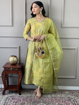 Green Heavy Muslin Silk Suit Set with Jhumka