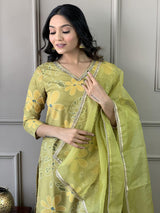 Green Heavy Muslin Silk Suit Set with Jhumka