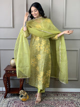 Green Heavy Muslin Silk Suit Set with Jhumka