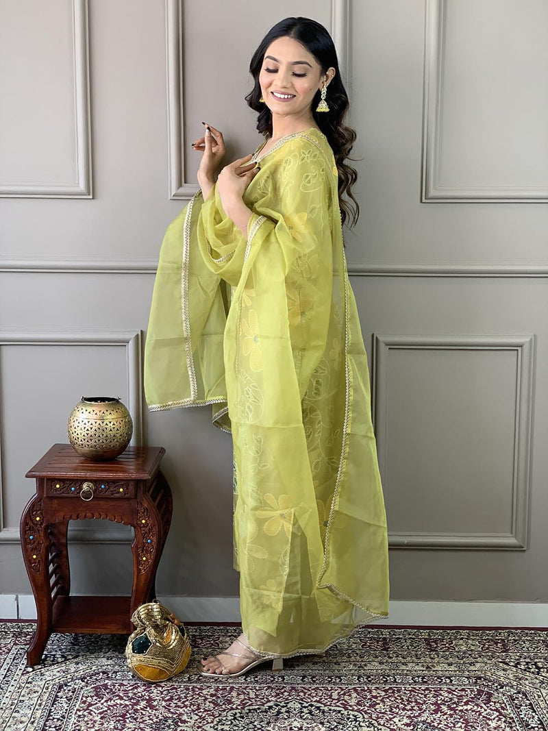 Green Heavy Muslin Silk Suit Set with Jhumka