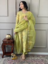 Green Heavy Muslin Silk Suit Set with Jhumka