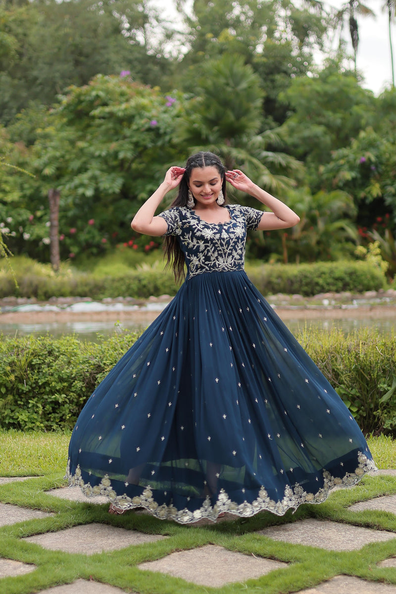 Blue Faux Blooming fabric with sequins embroidery Gown