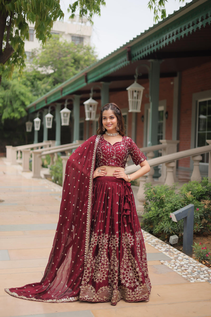 Maroon Rangoli Silk with Sequins & Thread Embroidery Lehenga