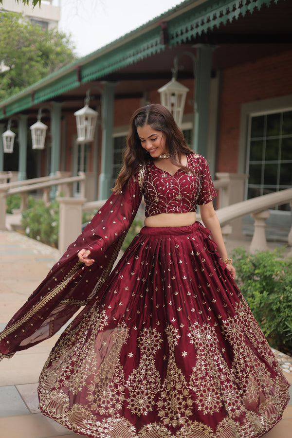 Maroon Rangoli Silk with Sequins & Thread Embroidery Lehenga