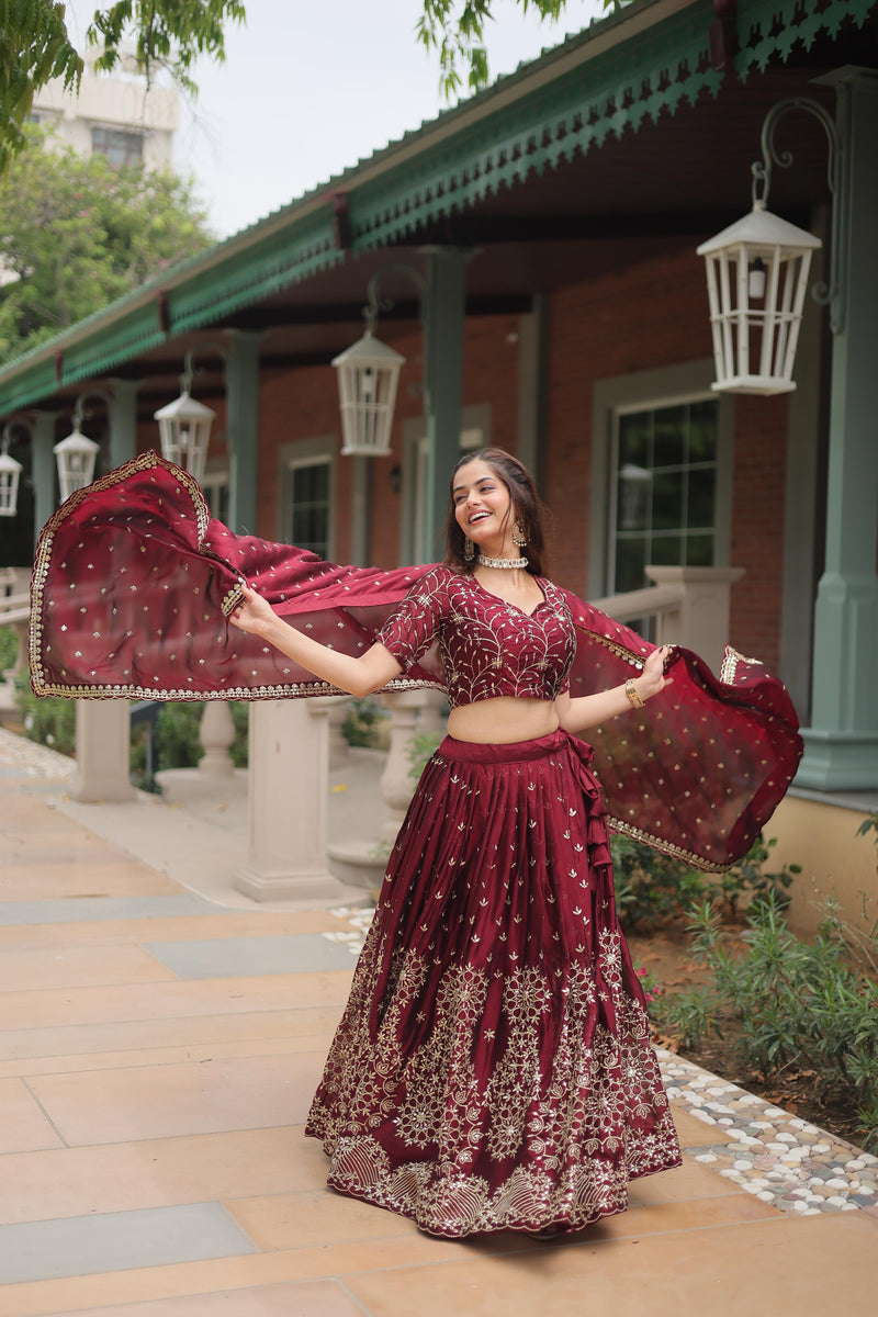 Maroon Rangoli Silk with Sequins & Thread Embroidery Lehenga