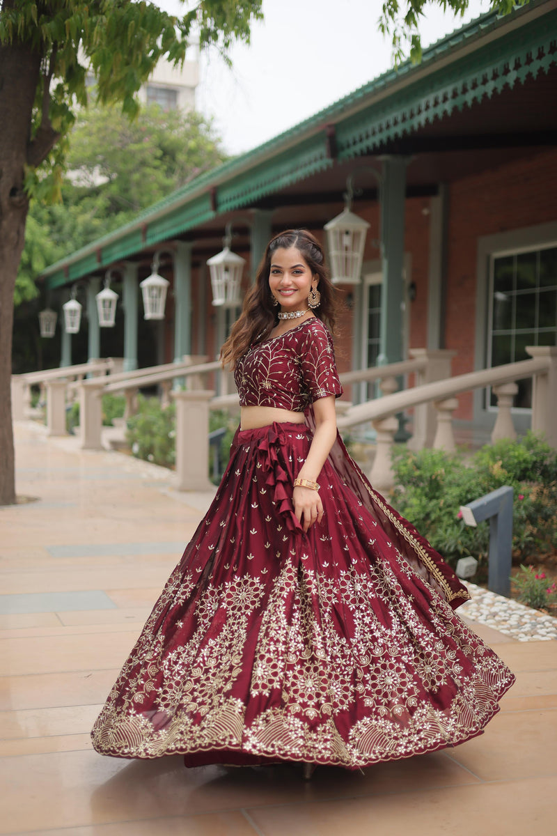 Maroon Rangoli Silk with Sequins & Thread Embroidery Lehenga