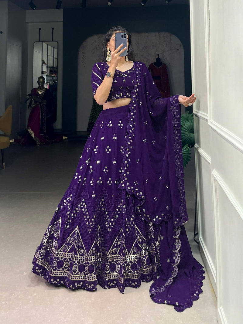 Purple Gorgette Sequins & Thread Embroidery Lehenga