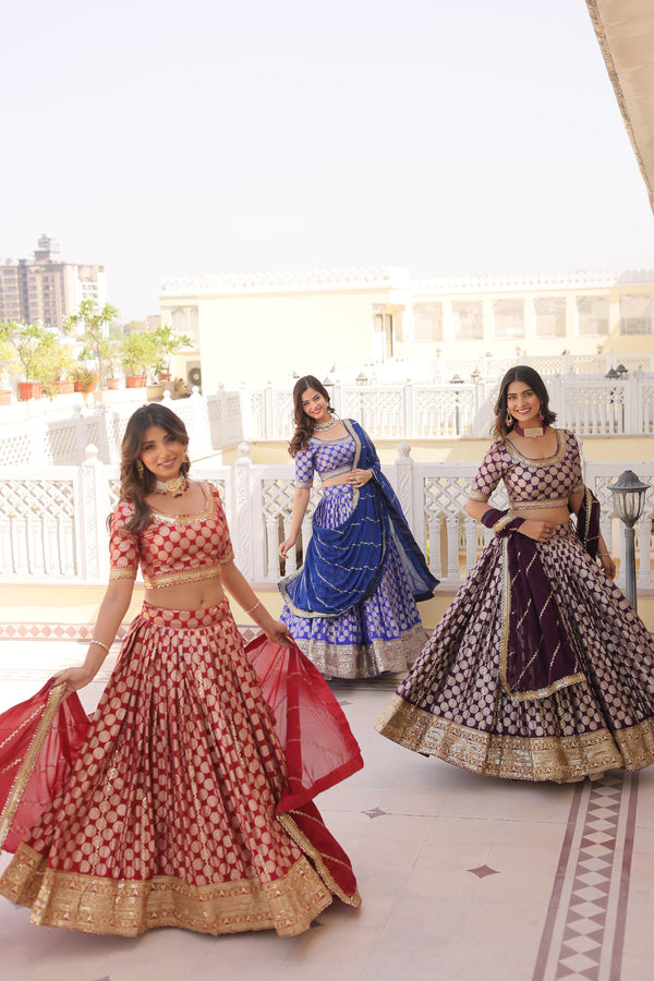 Blue , Red & Wine Viscose Jacquard with Sequins Embroidery Lehenga Choli