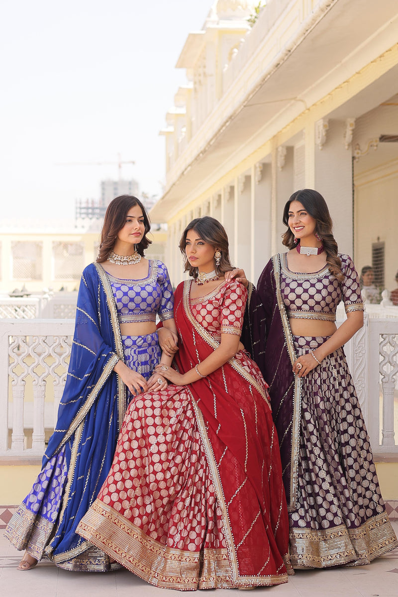 Blue , Red & Wine Viscose Jacquard with Sequins Embroidery Lehenga Choli