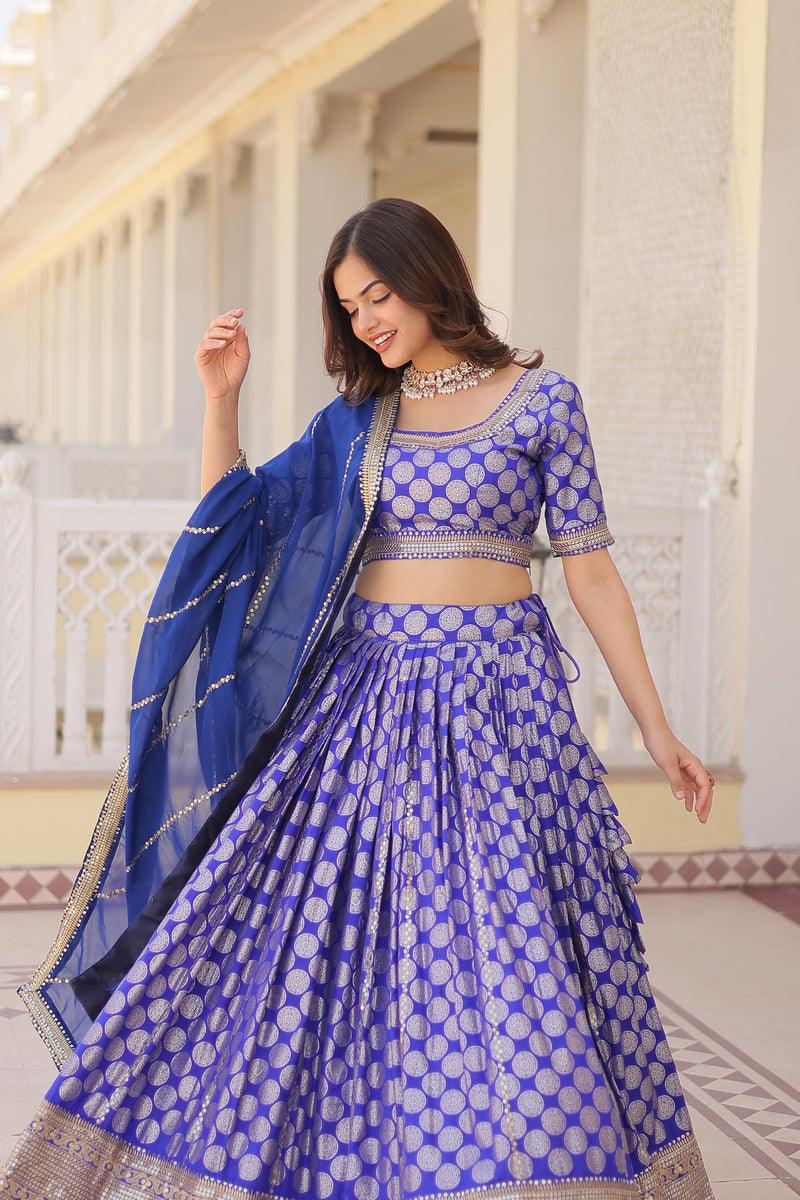 Blue , Red & Wine Viscose Jacquard with Sequins Embroidery Lehenga Choli