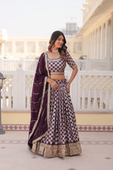 Blue , Red & Wine Viscose Jacquard with Sequins Embroidery Lehenga Choli