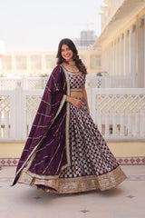 Blue , Red & Wine Viscose Jacquard with Sequins Embroidery Lehenga Choli