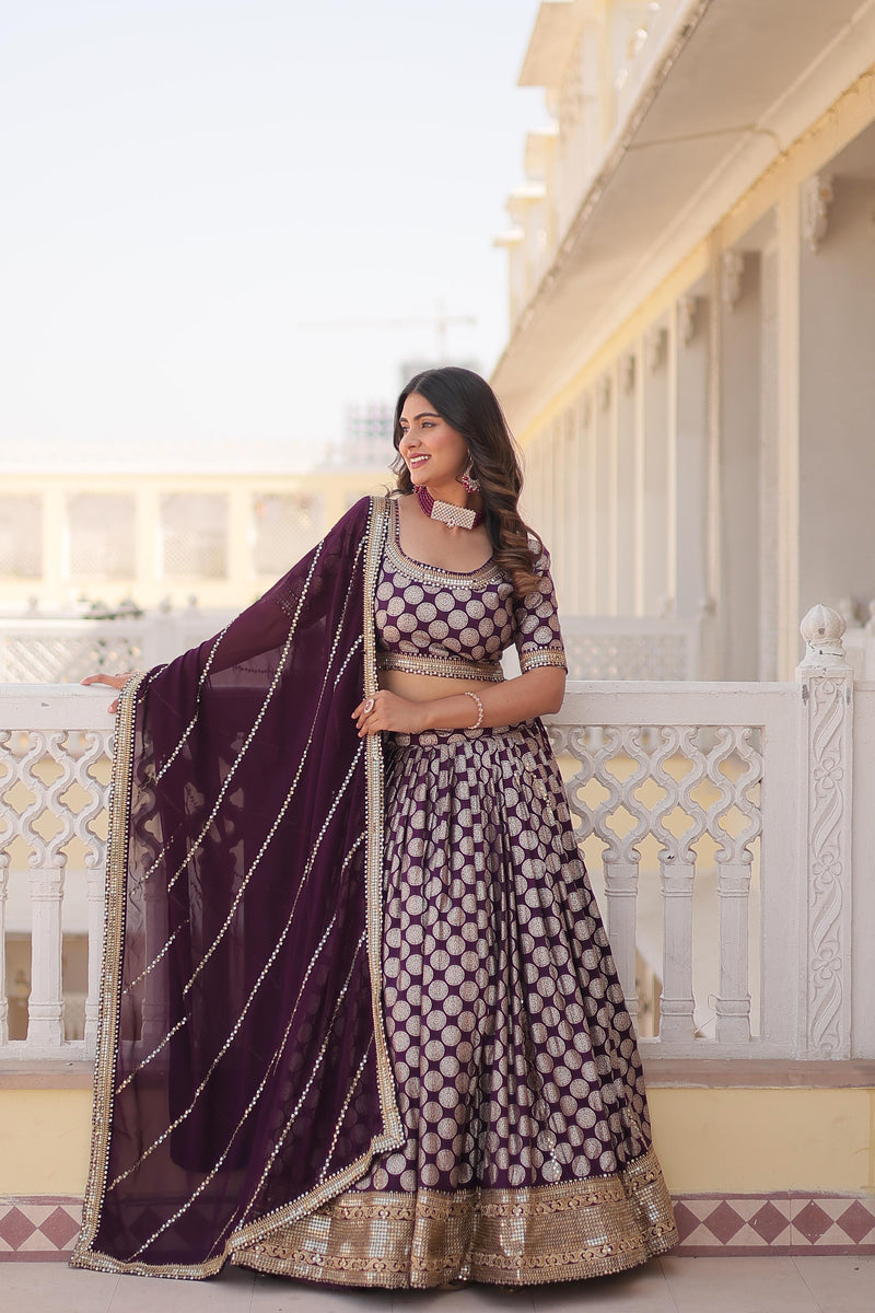 Blue , Red & Wine Viscose Jacquard with Sequins Embroidery Lehenga Choli