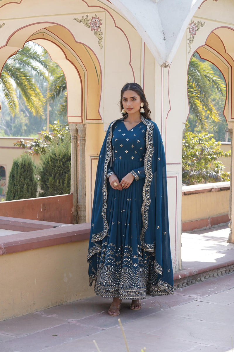 Yellow , Blue Faux Georgette with intricate Zari & Sequins Embroidery Gown.