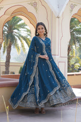 Yellow , Blue Faux Georgette with intricate Zari & Sequins Embroidery Gown.